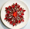 Macro view of a luxury red crystal brooch featuring an ornate rhinestone floral pattern - Red