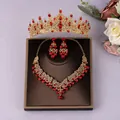 Gorgeous gold bridal jewelry set with red rhinestones, including tiara, necklace and earrings - Red 3-Piece Set (ZUHE-023GRED)
