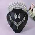 Luxury silver rhinestone wedding jewelry set with tiara, necklace and drop earrings. - Silver 3-Piece Set (ZUHE-013)