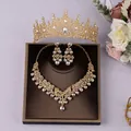Elegant gold plated bridal rhinestone jewelry set including tiara necklace and earrings - Gold 3-Piece Set (ZUHE-023G)