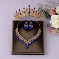Royal blue and gold vintage palace style bridal rhinestone crown necklace earring set - Blue 3-Piece Set (ZUHE-023GBLUE)
