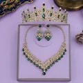 Elegant emerald green rhinestone jewelry set with bridal crown, necklace, and earrings - Green 3-Piece Set (ZUHE-023GGREEN)