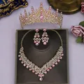 Elegant pink rhinestone jewelry set with tiara, necklace and earrings for brides - Pink 3-Piece Set (ZUHE-023GPINK)