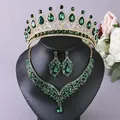 Vintage emerald green rhinestone jewelry set with tiara, necklace and earrings - Green 3-Piece Set (ZUHE-014)