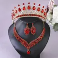 Luxury bridal rhinestone jewelry set with red crystal crown, necklace, and earrings - Red 3-Piece Set (ZUHE-015)