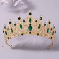 Vintage gold tiara with emerald green and white rhinestones for bridal weddings. - Green Single Crown (TS-J3151GGREEN)