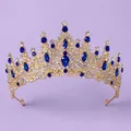 Magnificent royal gold tiara crown featuring blue rhinestones and sparkling crystals - Blue Single Crown (TS-J3151GBLUE)