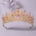 Ornate pink rhinestone bridal crown with vintage gold plating for luxury weddings - Pink Single Crown (TS-J3151GPINK)