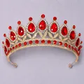 Elegant gold-plated bridal tiara with teardrop red rhinestones for weddings and stage shows - Red Single Crown (TS-J2854RED)