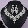 Elegant silver rhinestone necklace and earring bridal set for evening events - Silver Necklace and Earrings Set (NS-J6524S)