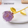 Artisanal amethyst purple rose ornament with gold leaf accents and golden stem - Amethyst (Gold Base) / 23cm