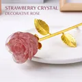 Strawberry quartz rose flower ornament with gold-toned stem and leaves - Strawberry Quartz (Gold Base) / 23cm