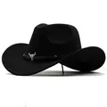 Macro detail of a black felt western cowboy hat featuring a silver bull head metal ornament - Black