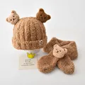 Cute brown teddy bear fleece baby hat and scarf set for winter warmth and comfort - Three Bears Series / Hat And Scarf Set / Khaki
