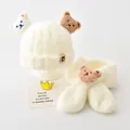 Creamy white plush children's winter hat and scarf set featuring cute bear details - Three Bears Series / Hat And Scarf Set / White