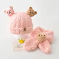 Roze pluizige baby muts en sjaal set met schattige berenoren - Drie Beren Serie / Muts En Sjaal Set / Roze