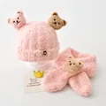 Pink fuzzy baby beanie and scarf set with cute teddy bear ears - Three Bears Series / Hat And Scarf Set / Pink