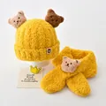 Ensemble bonnet et écharpe d'hiver en peluche jaune pour enfants avec oreilles d'ours - Série Trois Ours / Ensemble Bonnet Et Écharpe / Jaune