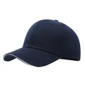 Side view detail of a navy blue baseball cap with white trim on the brim - One Size Adjustable / Navy Blue & White