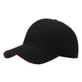 Close-up detail of a classic black baseball cap featuring a striking red sandwich brim. - One Size Adjustable / Black & Black