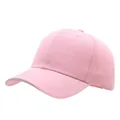 Macro view of a classic plain pink cotton twill baseball cap with a curved sunshade brim. - One Size Adjustable / Pink & White