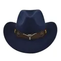 Sombrero de vaquero azul marino con banda marrón y emblema plateado de cabeza de toro. - M (56-58cm) / Azul marino