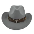 Close-up of grey felt cowboy hat featuring brown band and silver bull head decoration - M (56-58cm) / Gray