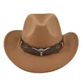 Front view of a brown vintage felt fedora hat with a silver longhorn bull head ornament - M (56-58cm) / Dark Khaki
