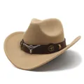 Classic vintage khaki wide brim fedora hat with longhorn bull head leather band decoration - M (56-58cm) / Camel