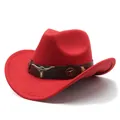 Vintage red wool felt cowboy hat with wide brim and decorative metal bull head band. - M (56-58cm) / Red