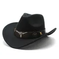 Retro black felt western cowboy hat for men with wide brim and bull head metal ornament - M (56-58cm) / Black