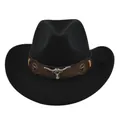 Sombrero de vaquero negro vintage para hombre con banda de cuero y cabeza de toro. - M (56-58cm) / Negro