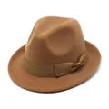 Vintage brown wool felt fedora hat with elegant bow ribbon detail for men and women - 56-58cm Circumference / Matching Bow Style (L0229) / Khaki