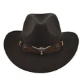 Vintage dark brown felt cowboy hat with longhorn bull head metal decoration for men - M (56-58cm) / Coffee