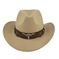 Classic beige wide-brim cowboy hat with a brown leather band and metallic bull head detail - M (56-58cm) / Khaki