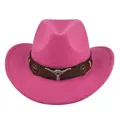 Hot pink wool cowboy hat featuring a brown decorative band with a silver bull head ornament. - M (56-58cm) / Rose Red