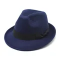 Navy blue vintage wool felt fedora jazz hat with black ribbon bow for autumn and winter - 56-58cm Circumference / Black Ribbon Bow Style (L0229) / Navy Blue