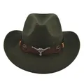 Vintage olive green felt cowboy hat with leather band and metal bull head ornament. - M (56-58cm) / Army Green
