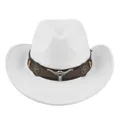 Vintage white wool felt cowboy hat with brown leather band and metallic bull head ornament - M (56-58cm) / White