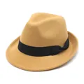 Elegant camel wool felt fedora hat with a black ribbon bow detail for autumn and winter fashion - 56-58cm Circumference / Black Ribbon Bow Style (L0229) / Camel