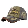 Close-up detail of distressed washed cotton baseball cap featuring 1985 letter embroidery - Adjustable / Coffee