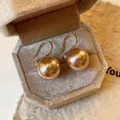 Elegant golden champagne round pearl drop earrings with S925 silver hooks jewelry gift - Champagne Pearl (1865) / 14mm / Gold