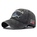 Washed charcoal grey baseball cap with shark embroidery and US flag side patch - Black