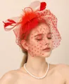 Close-up of an elegant red bridal fascinator with feathers and a polka-dot veil - Fascinator and Gloves Set / Red
