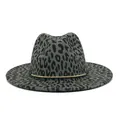 Frontal macro view of leopard print felt fedora with gold ring band detail - M (56-58cm) / Gray