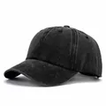 Vintage gewaschene schwarze Baumwoll-Baseballkappe mit vierreihig genähtem Schirm - L (58-60cm) / Gewaschene 4-Naht Krempe / Vintage-Look gewaschen - Schwarz