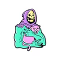 Αστεία καρφίτσα σμάλτου Skeletor με ροζ γάτα, μοναδικό δώρο για το Halloween - Στυλ Σκελετός με Μοβ Μανδύα που Κρατάει Γάτα (XZ2761)