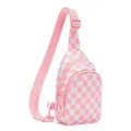 Close-up of a pink and white checkered waterproof nylon crossbody chest bag for sports - Pink