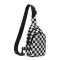 Detail shot of a black and white checkered nylon waterproof chest bag for sports. - Black and White