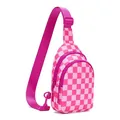 Zaino monospalla in nylon a scacchi rosa con doppi scomparti a cerniera per lo sport - Rosso rosa